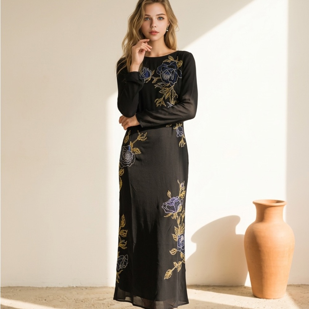 Black Long Sleeve Floral Embroidered Maxi Dress